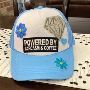 Blue and White Trucker Hat with Fun Patches